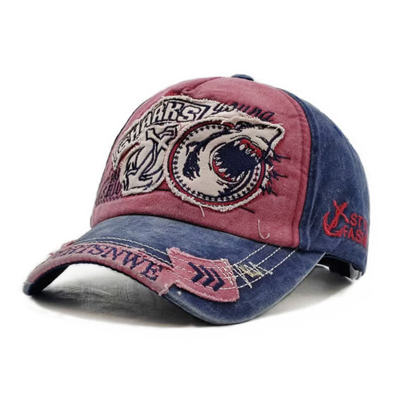 Casquette de baseball délavée à bords effilochés et brodés de requins - Rouge - Réglable (21 5/8"-23 5/8") - image 0