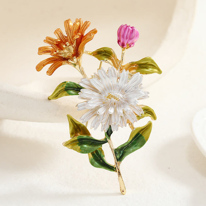 Broche en émail pour femme en forme de bouquet de marguerites