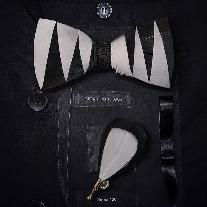 Nœud papillon à plumes blanches et noires avec épingle à revers