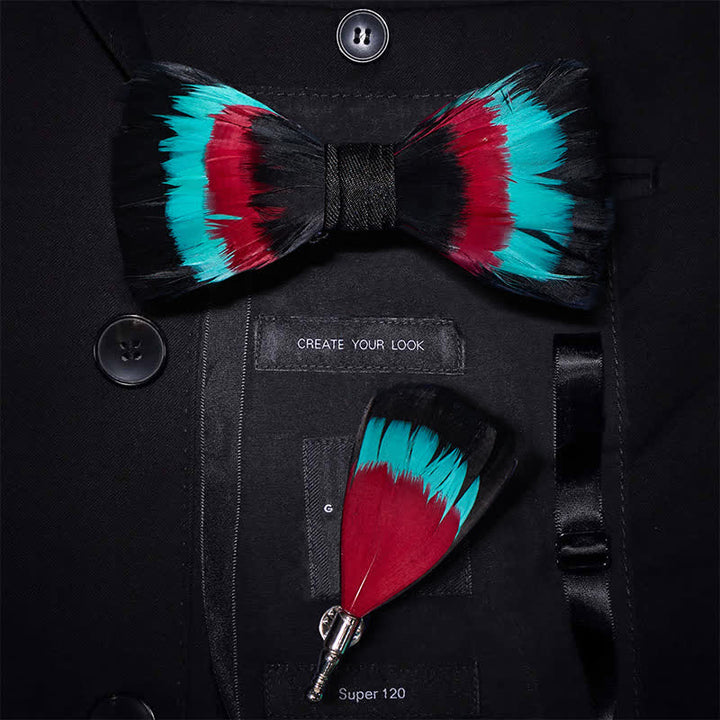 Nœud papillon turquoise à plumes et épingle à revers