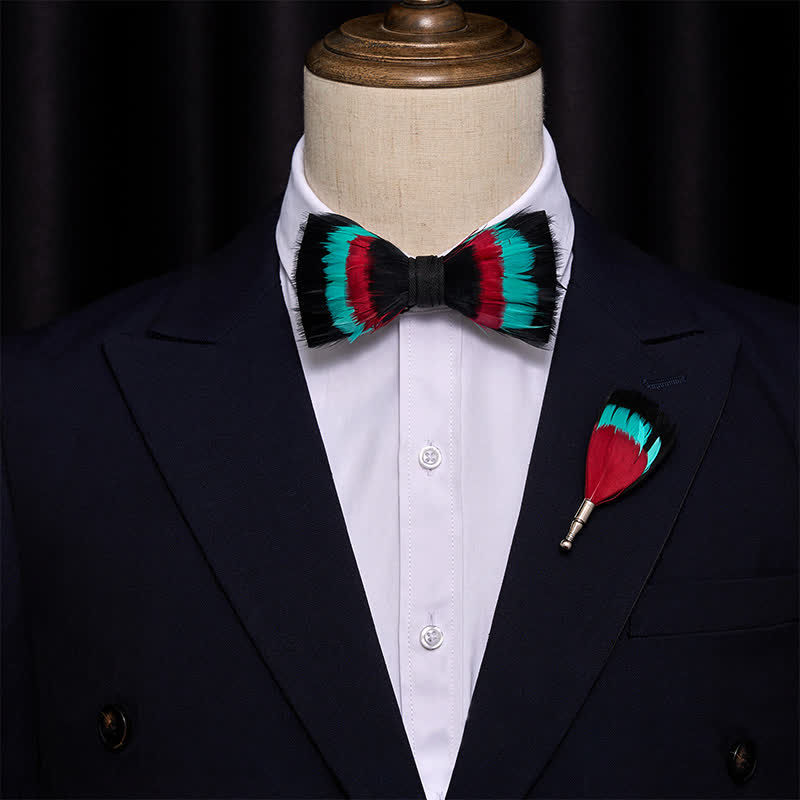 Nœud papillon turquoise à plumes et épingle à revers