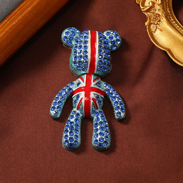 Broche exquise en cristal représentant un ours mignon avec le drapeau britannique