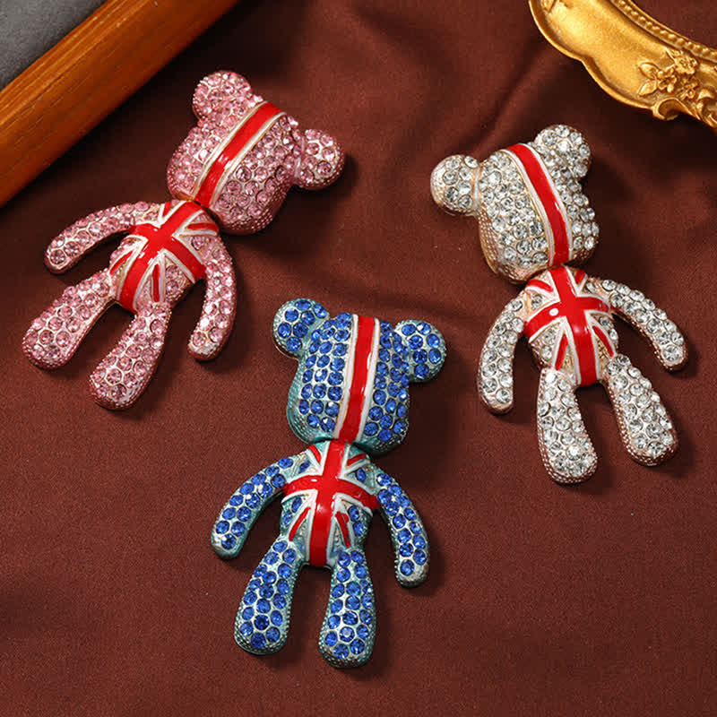 Broche exquise en cristal représentant un ours mignon avec le drapeau britannique