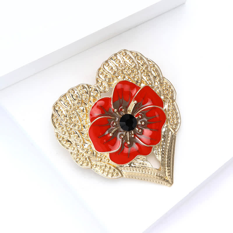 Broche de luxe en forme de cœur en or et fleur de pavot en émail