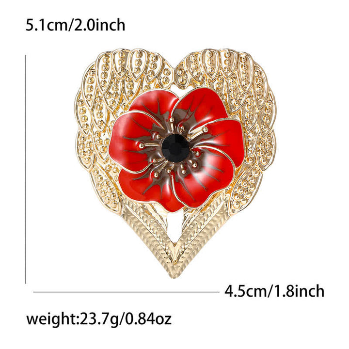 Broche de luxe en forme de cœur en or et fleur de pavot en émail