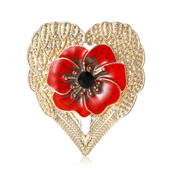 Broche de luxe en forme de cœur en or et fleur de pavot en émail