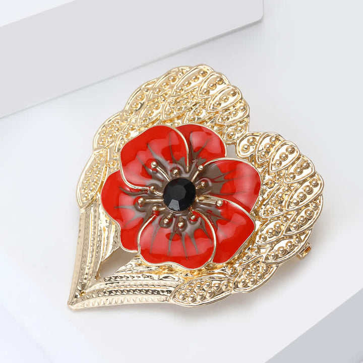 Broche de luxe en forme de cœur en or et fleur de pavot en émail