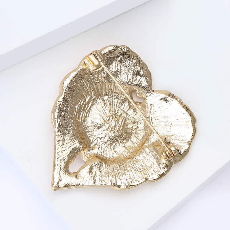 Broche de luxe en forme de cœur en or et fleur de pavot en émail