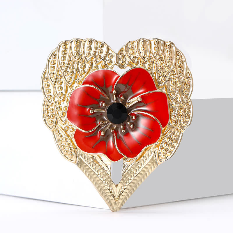 Broche de luxe en forme de cœur en or et fleur de pavot en émail