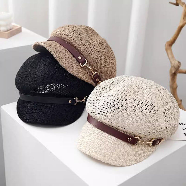 Béret d'été en paille pour femme, couleur unie, avec bande en cuir décorative