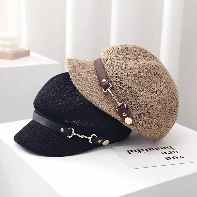 Béret d'été en paille pour femme, couleur unie, avec bande en cuir décorative