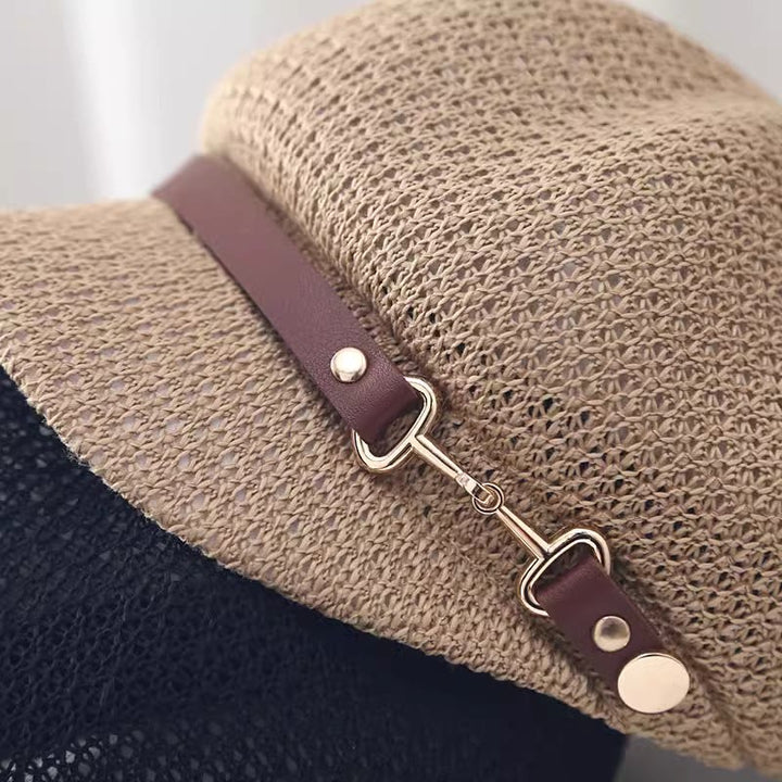 Béret d'été en paille pour femme, couleur unie, avec bande en cuir décorative