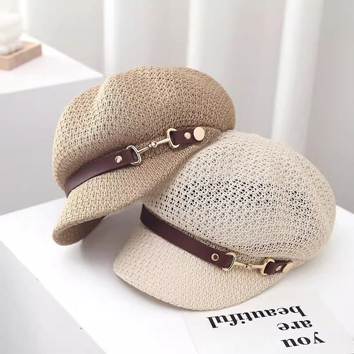 Béret d'été en paille pour femme, couleur unie, avec bande en cuir décorative