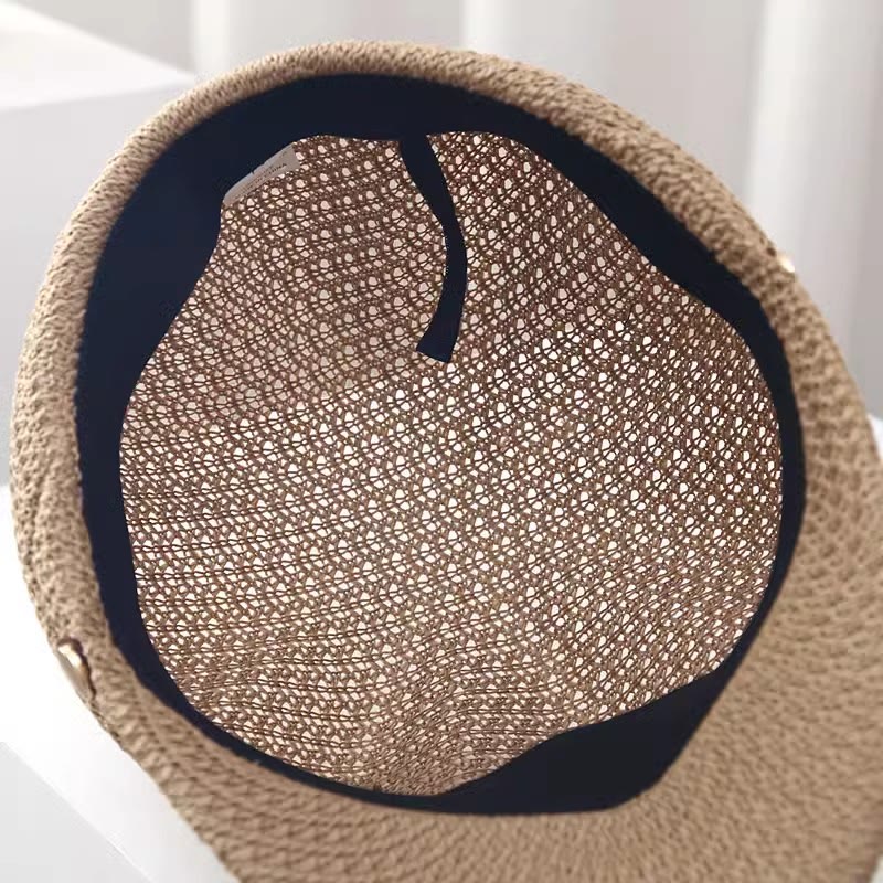 Béret d'été en paille pour femme, couleur unie, avec bande en cuir décorative
