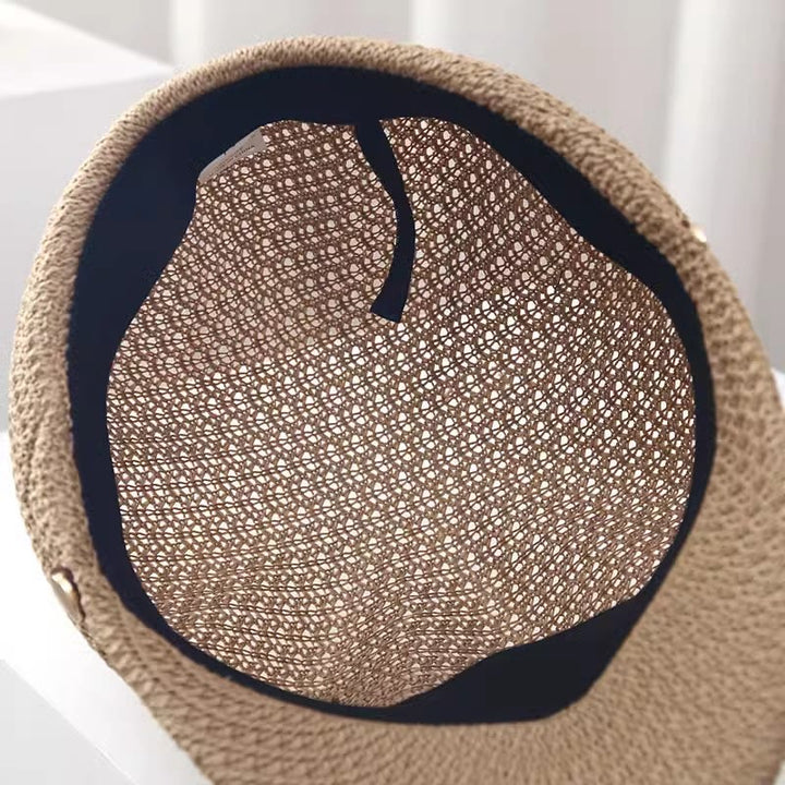 Béret d'été en paille pour femme, couleur unie, avec bande en cuir décorative