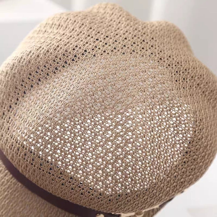 Béret d'été en paille pour femme, couleur unie, avec bande en cuir décorative