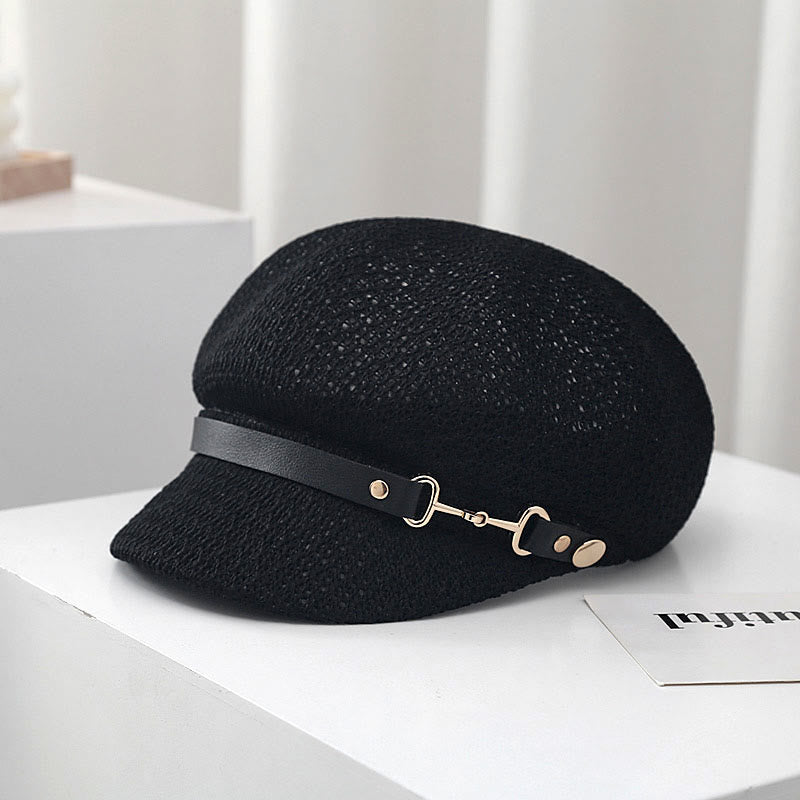 Béret d'été en paille pour femme, couleur unie, avec bande en cuir décorative
