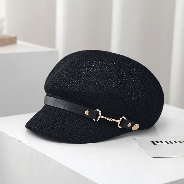 Béret d'été en paille pour femme, couleur unie, avec bande en cuir décorative