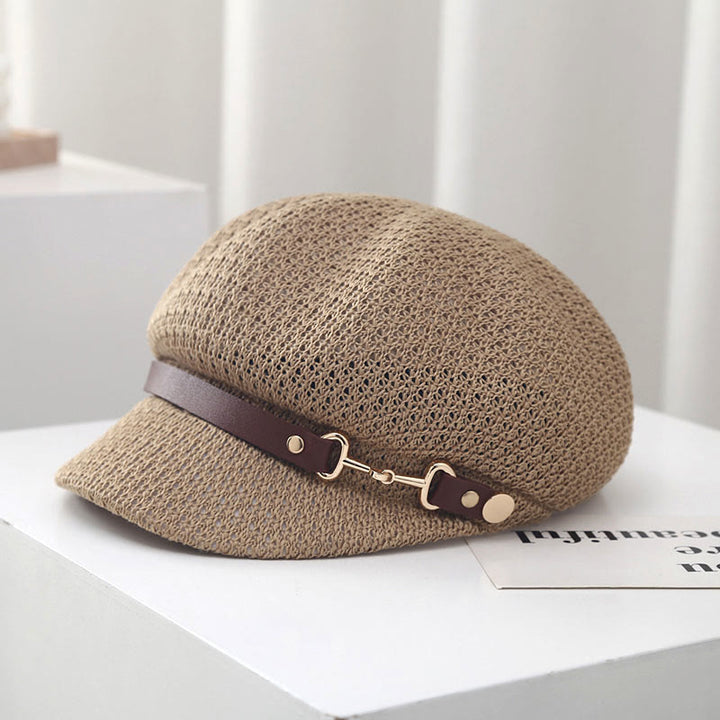 Béret d'été en paille pour femme, couleur unie, avec bande en cuir décorative