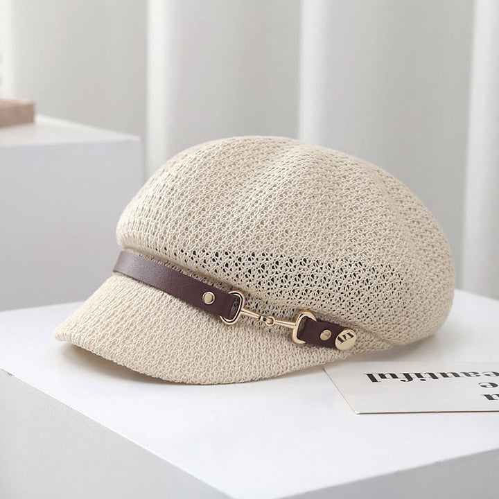 Béret d'été en paille pour femme, couleur unie, avec bande en cuir décorative