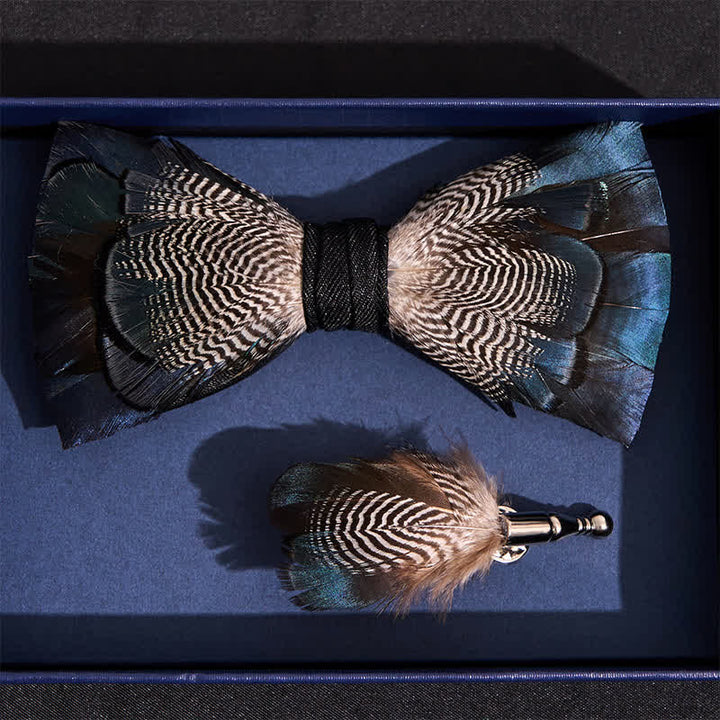 Nœud papillon en plumes de canard colvert bleu et blanc pour enfant avec épingle à revers