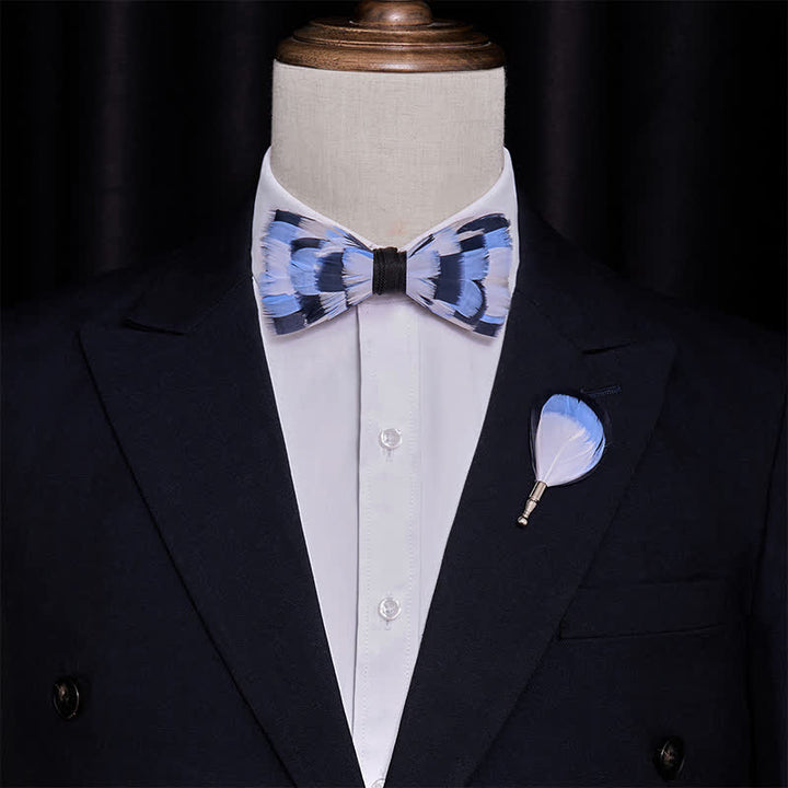 Nœud papillon à plumes bleu et blanc pour enfant avec épingle à revers