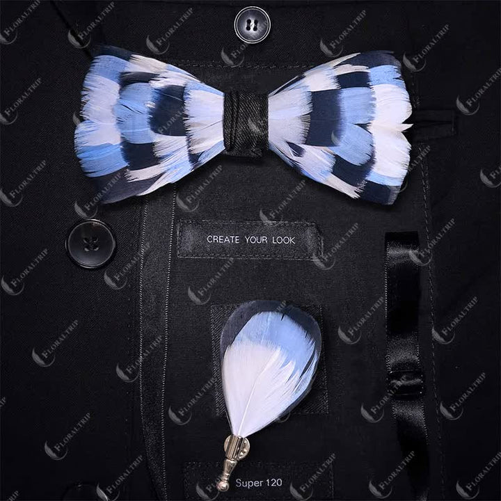 Nœud papillon à plumes bleu et blanc pour enfant avec épingle à revers