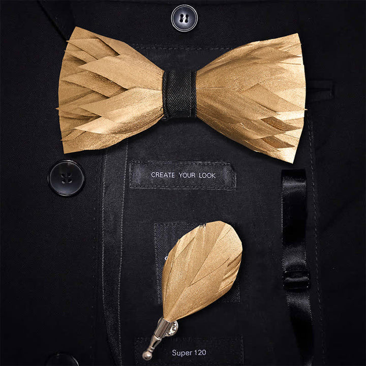 Nœud papillon en plumes dorées et solides Sunshine