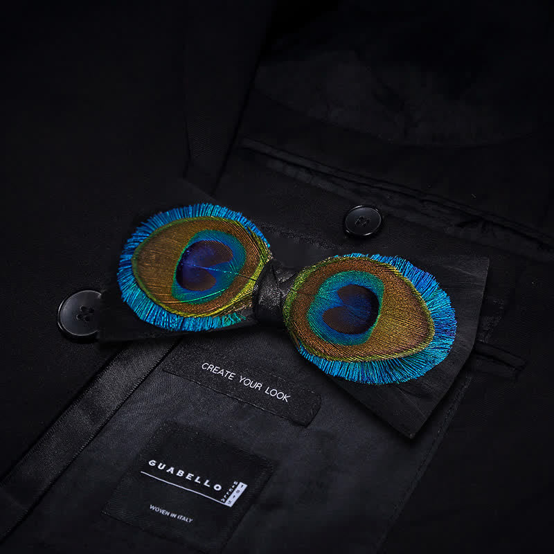 Nœud papillon en plumes de paon bleu et noir