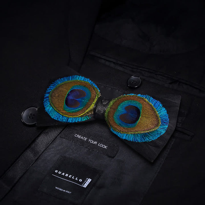 Nœud papillon en plumes de paon bleu et noir
