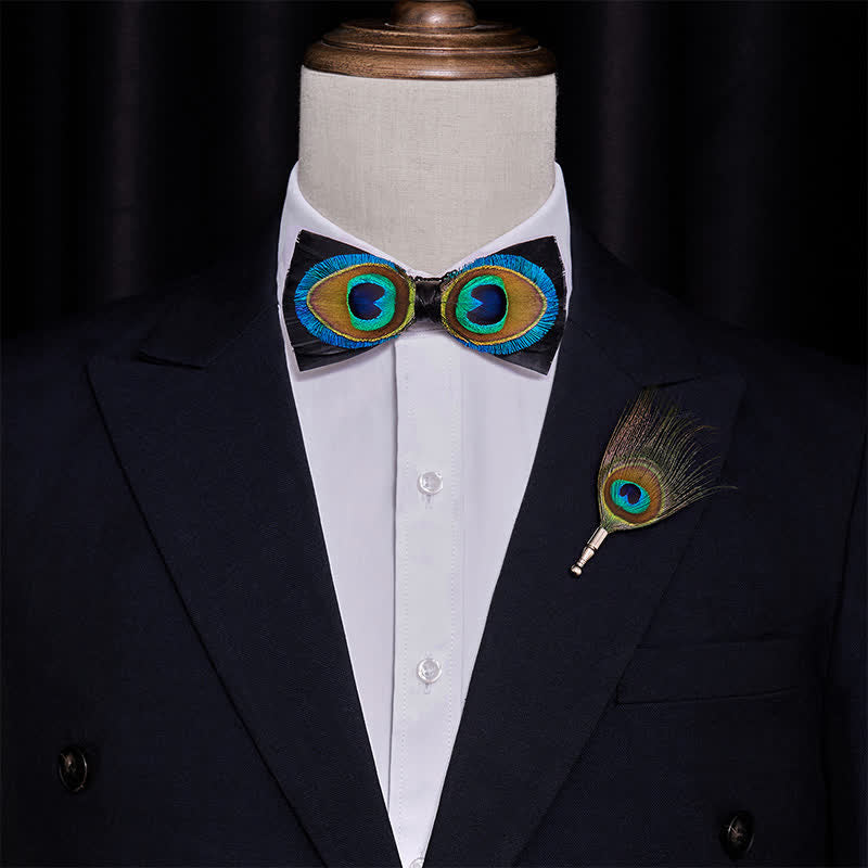 Nœud papillon en plumes de paon bleu et noir