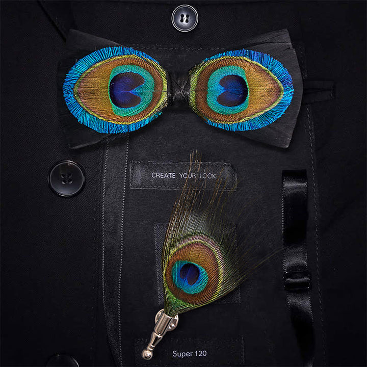 Nœud papillon en plumes de paon bleu et noir