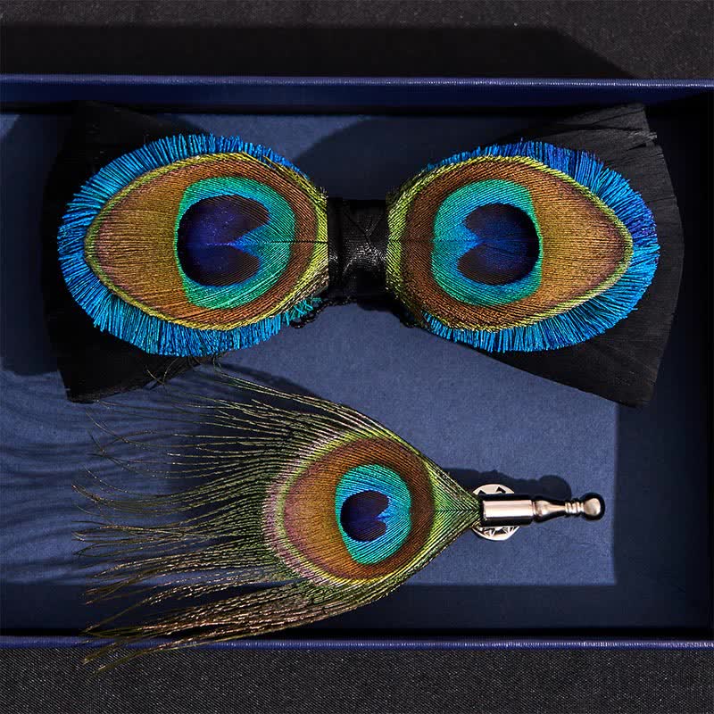 Nœud papillon en plumes de paon bleu et noir