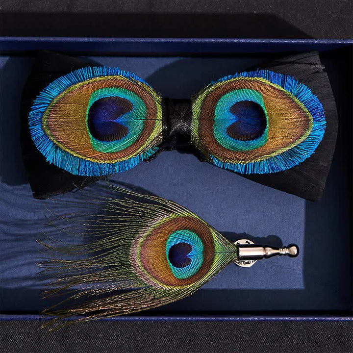 Nœud papillon en plumes de paon bleu et noir