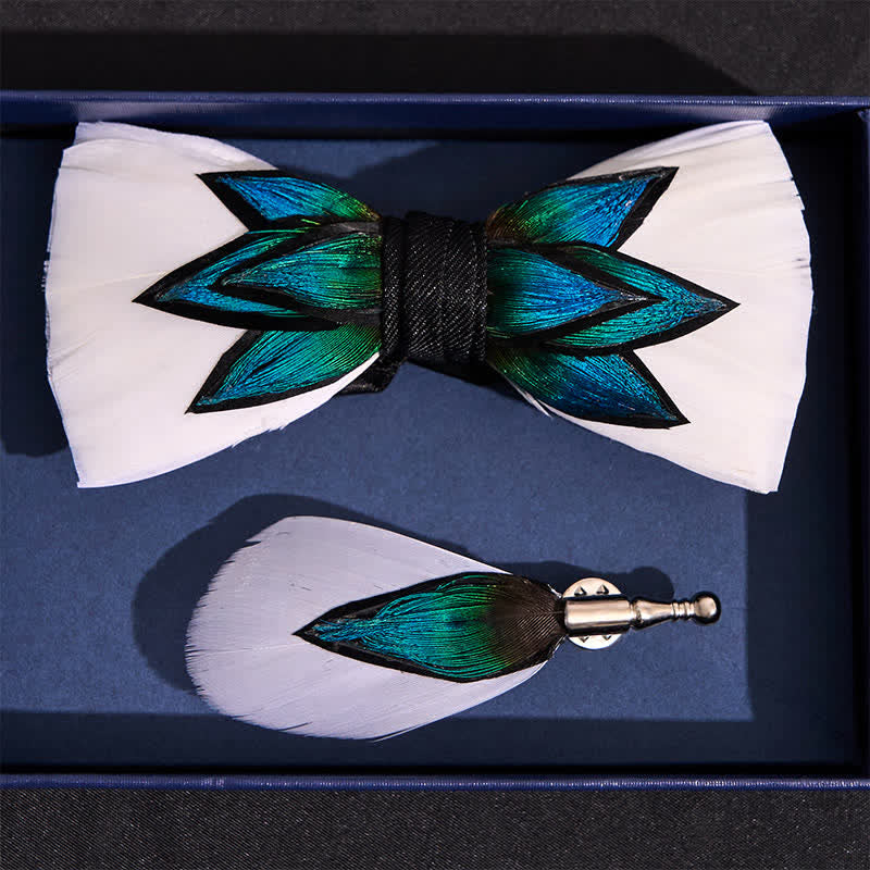 Nœud papillon à plumes bleu cyan et blanc crème
