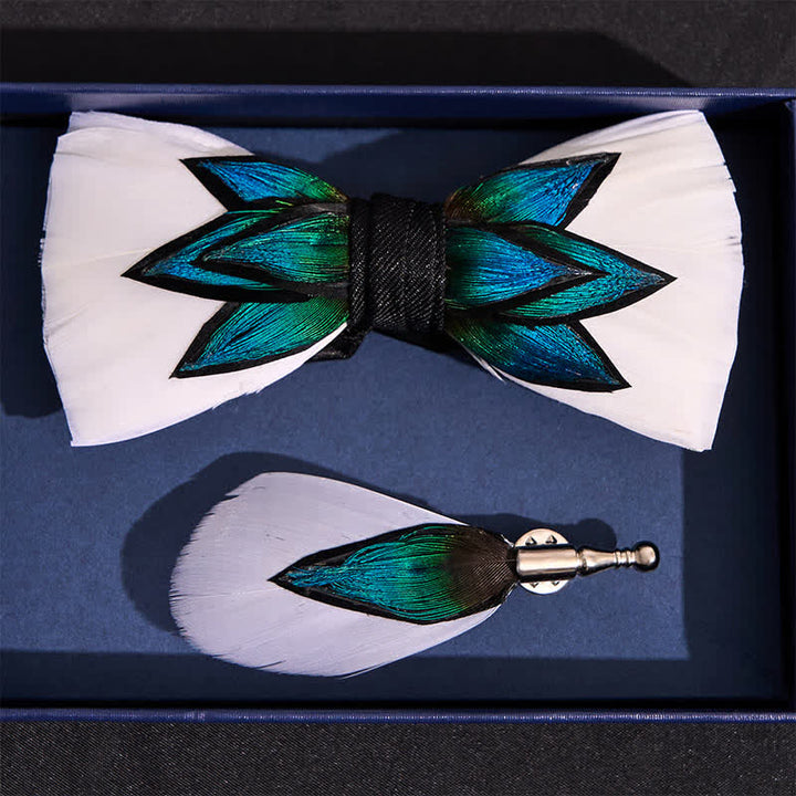 Nœud papillon à plumes bleu cyan et blanc crème