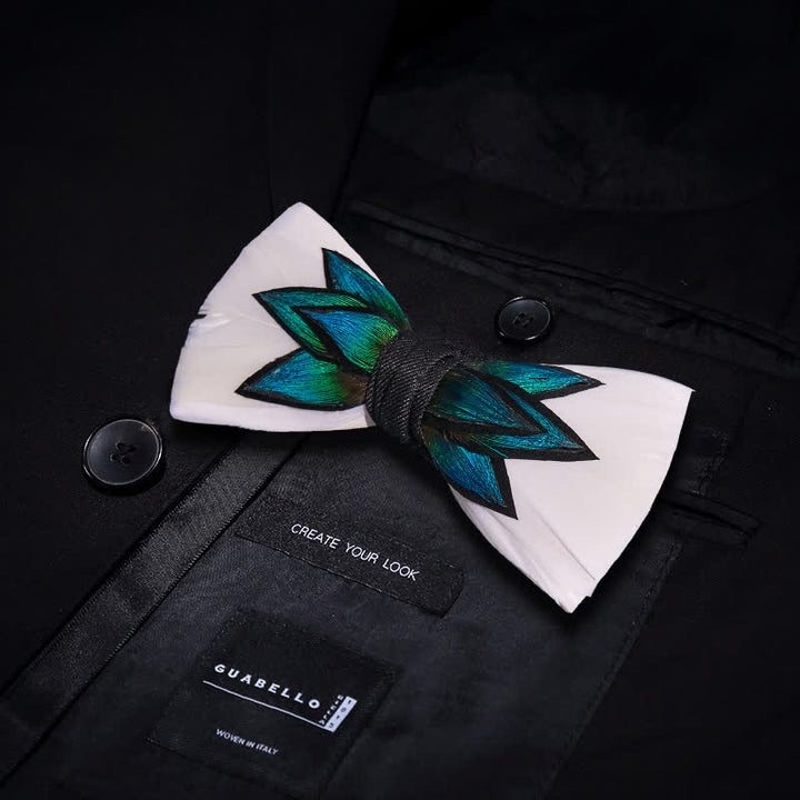 Nœud papillon à plumes bleu cyan et blanc crème