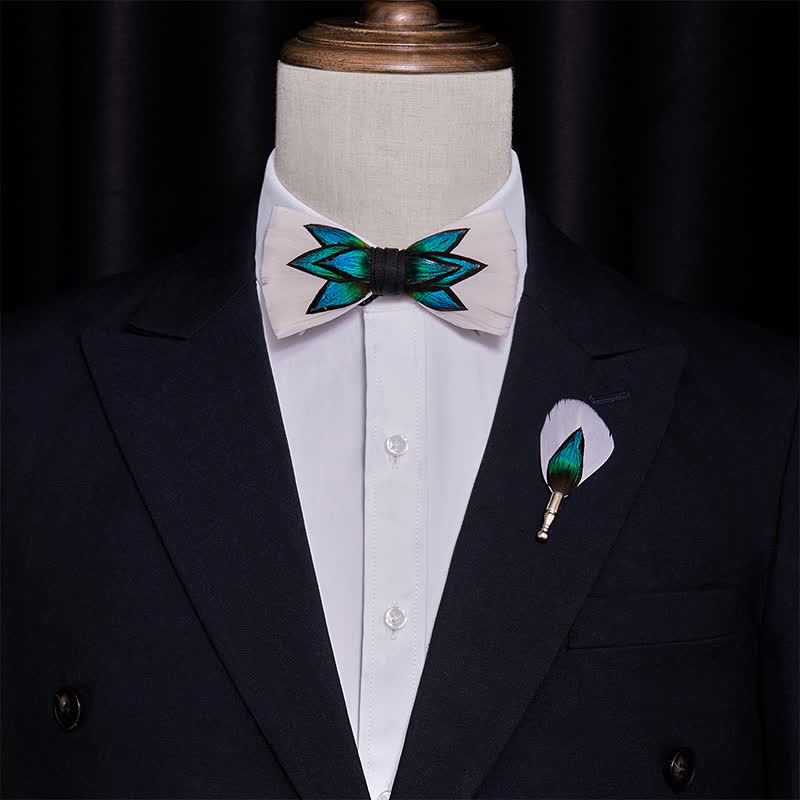 Nœud papillon à plumes bleu cyan et blanc crème
