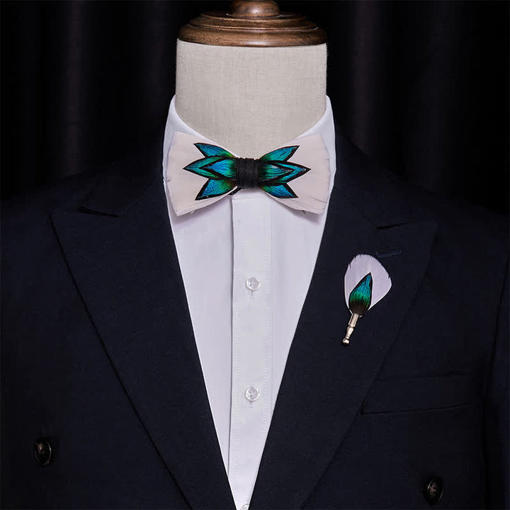 Nœud papillon à plumes bleu cyan et blanc crème