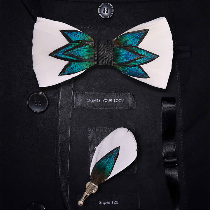Nœud papillon à plumes bleu cyan et blanc crème