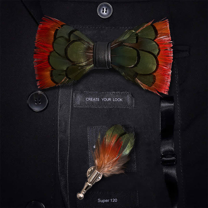 Nœud papillon en plumes de faisan orange et vert avec épingle à revers