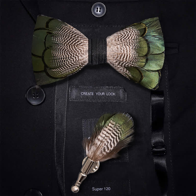 Nœud papillon en plumes de canard colvert vert et blanc pour enfant avec épingle à revers