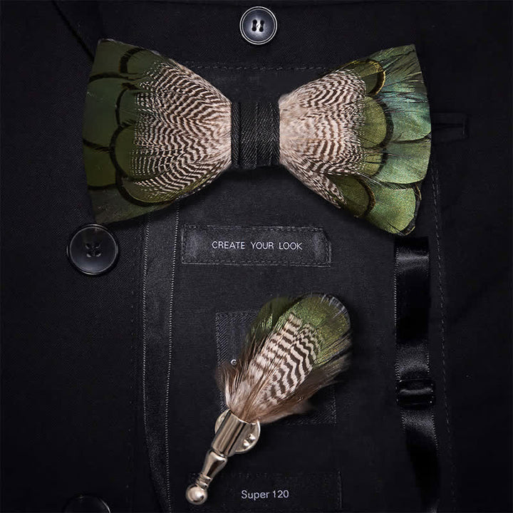 Nœud papillon en plumes de canard colvert vert et blanc pour enfant avec épingle à revers