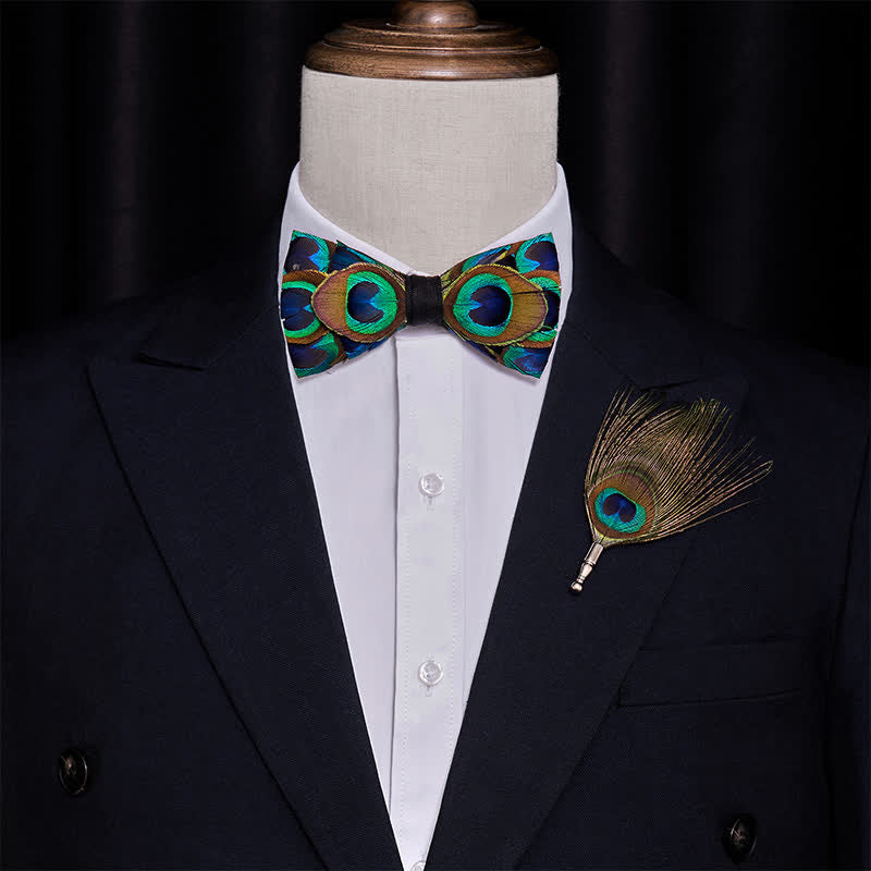 Nœud papillon en plumes de paon indigo et vert