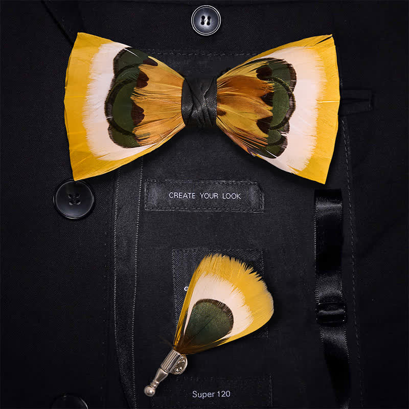 Nœud papillon à plumes jaunes et blanches - Nœud papillon + épinglette - image 0