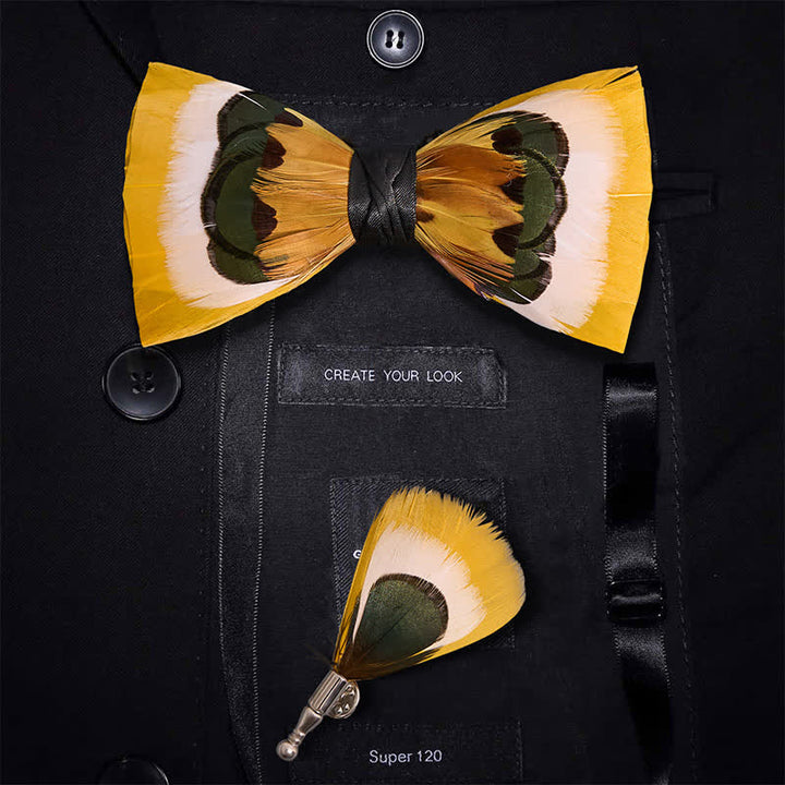 Nœud papillon à plumes jaunes et blanches - Nœud papillon + épinglette - image 0