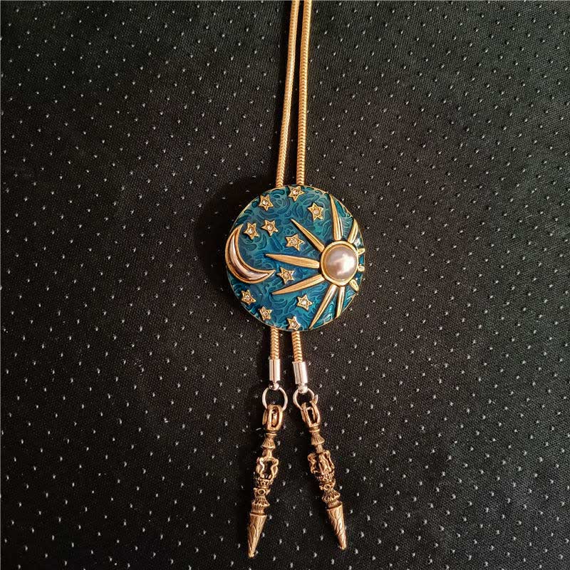 Cravate bolo vintage soleil et lune avec perles