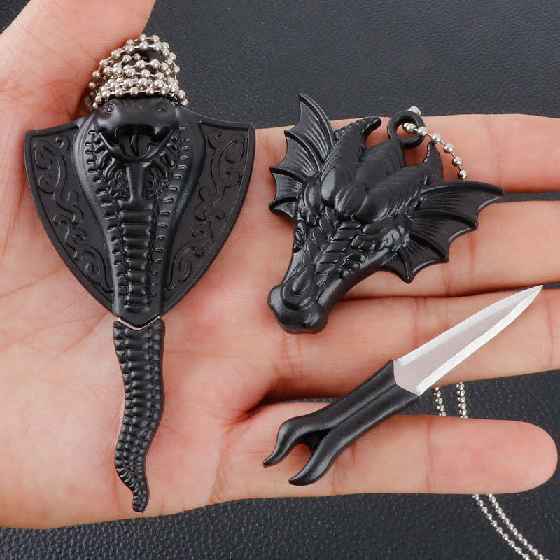 Collier pendentif mini-lame cachée en forme de serpent et de crâne de dragon noir