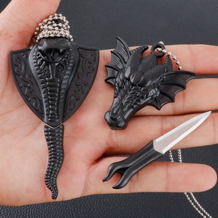 Collier pendentif mini-lame cachée en forme de serpent et de crâne de dragon noir
