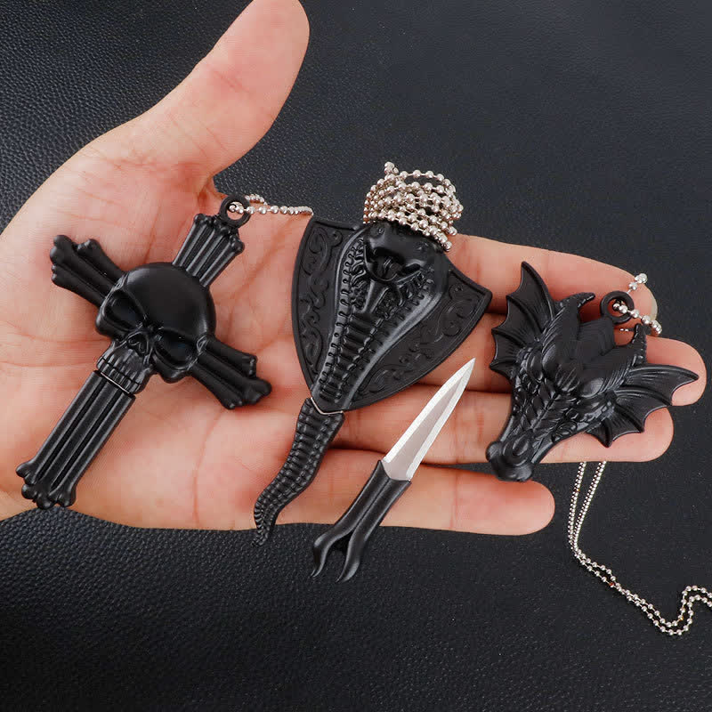 Collier pendentif mini-lame cachée en forme de serpent et de crâne de dragon noir